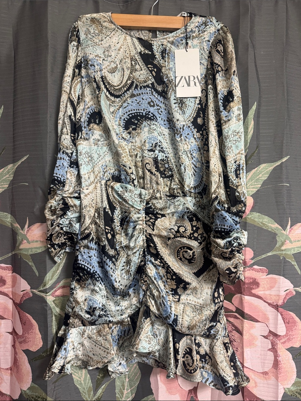 Zara Blue Black Cream Paisley Ruffle Dress